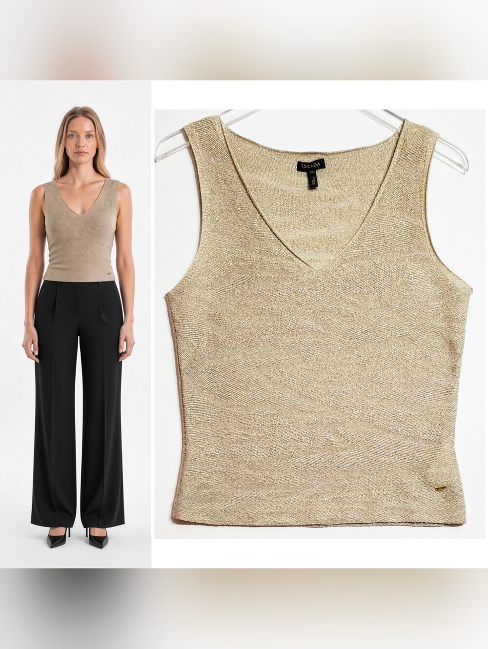 Escada medium knit tank top v neck sleeveless khaki metallic gold holiday party